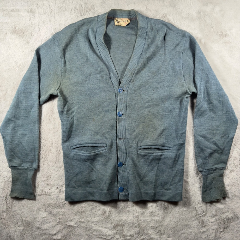 Vintage Revere Mens Blue 100% Wool Button Front Cardigan Sweater Distressed 42